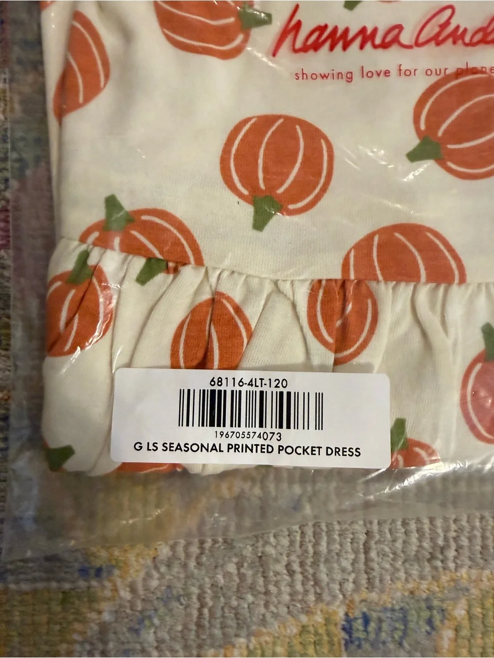 Hanna Andersson Girls Long Sleeve Pumpkin Print Dress for Fall Size Small
